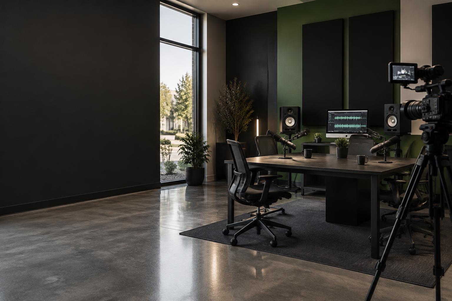 Concept visualization of a media production space with podcast microphones, a camera and an in-the-box recording desk